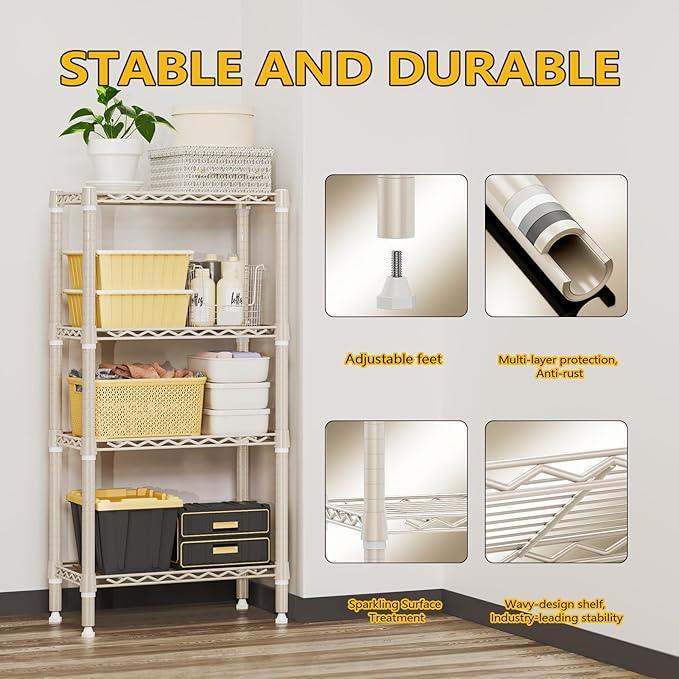 1000 lbs 4-Shelf Standing Storage Shelves Heavy Duty Metal Shelving Unit Adjustable Wire Rack for Office Garage Kitchen, Light Tan 11.8 D x 23.6" W x 47.5" H - ModernBath