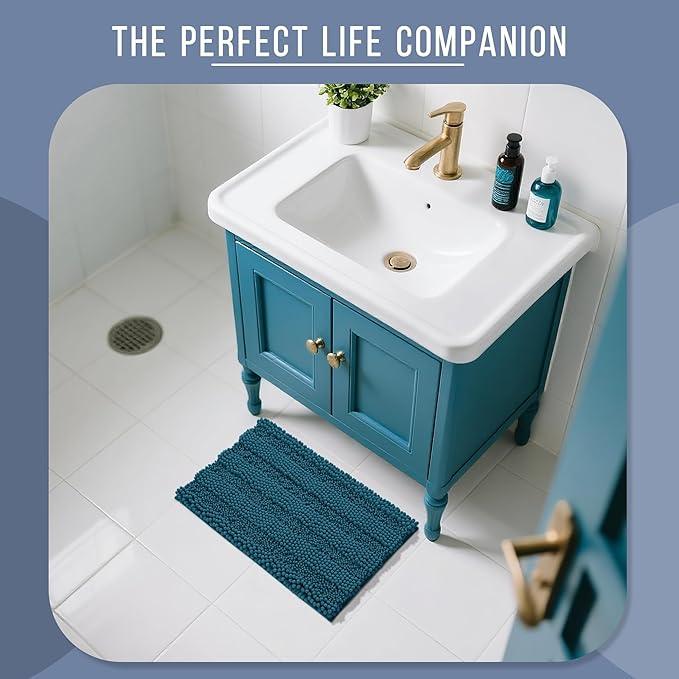 Yimobra Bathroom Rug Mat, Non Slip and Super Absorbent Bath Mat, Machine Washable Quick Dry, Ultra Plush Chenille Shower Rugs for Bathroom Floor Sink Tub and Shower Outside, Peacock Blue, 24 x 17 - ModernBath