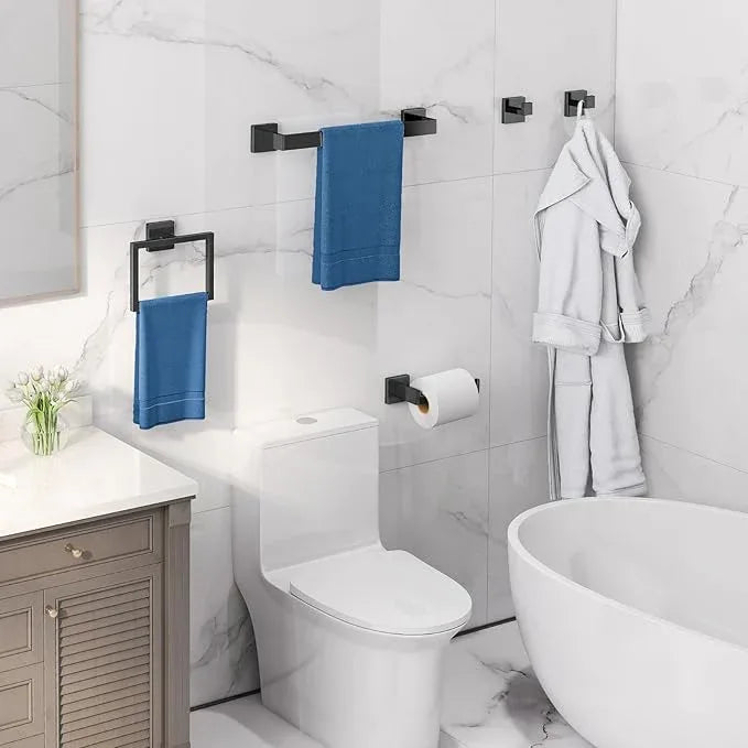 5-Piece Bathroom Hardware Accessories Set, Towel Racks for Bathroom Wall Mounted Stainless Steel, Matte Black Towel Bar Set 16In - ModernBath