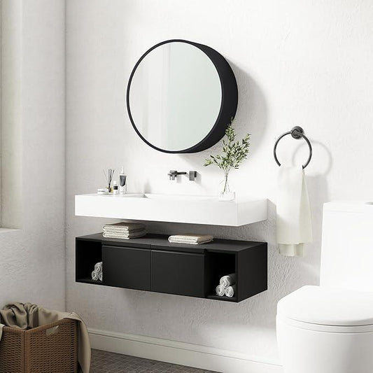 SUNWAVE 20 Inch Round Black Medicine Cabinet with Mirror, Modern Wall Mounted Vanity Cabinet for Bathroom, Circle Bathroom Mirror with Storage, Space-Saving Wood Cabinet (Black, 20 Inch) - ModernBath