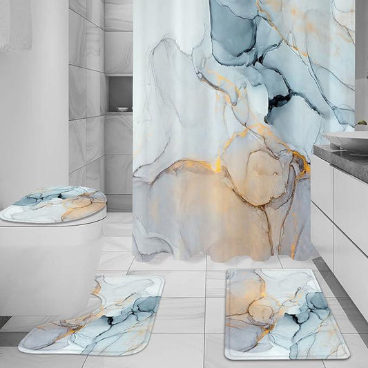 Gibelle 4 Pcs Bathroom Shower Curtain Set with Non-Slip Rugs, Toilet Lid Cover and Bath Mat, Grey Blue Marble Bathroom Decor Set with Shower Curtain and Rugs and Accessories - ModernBath