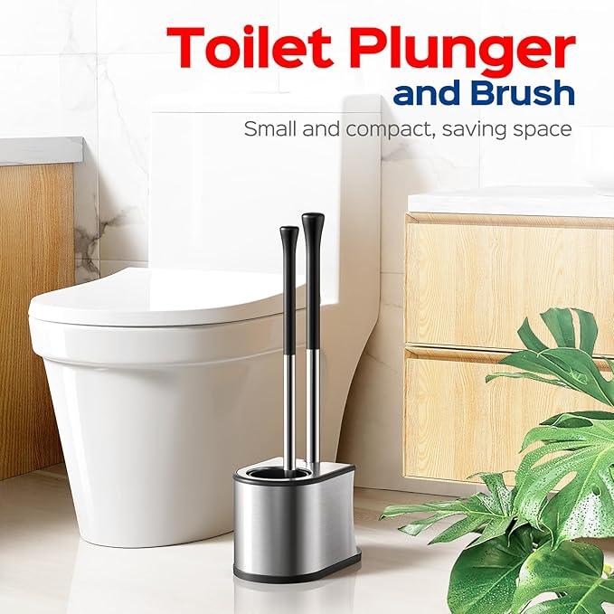 HAMITOR Toilet Plunger and Brush Set: 2 in 1 Stainless Steel Bowl Brush with Holder, Deep-Cleaning Curved Bristles and Heavy Duty Unclogger, Compact Design for Household & Hotel, Silver, 2-Pack - ModernBath