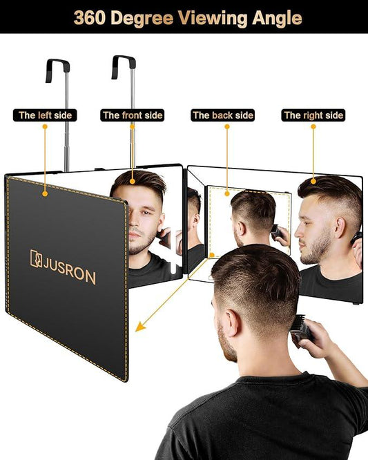 JUSRON 360 Viewing Angle Self Hair Cutting Mirror, Clear Anti-Fog HD Glass, USB Rechargeable, Easy to Use, Height Adjustable, Portable, Good Choice for Gifts - ModernBath