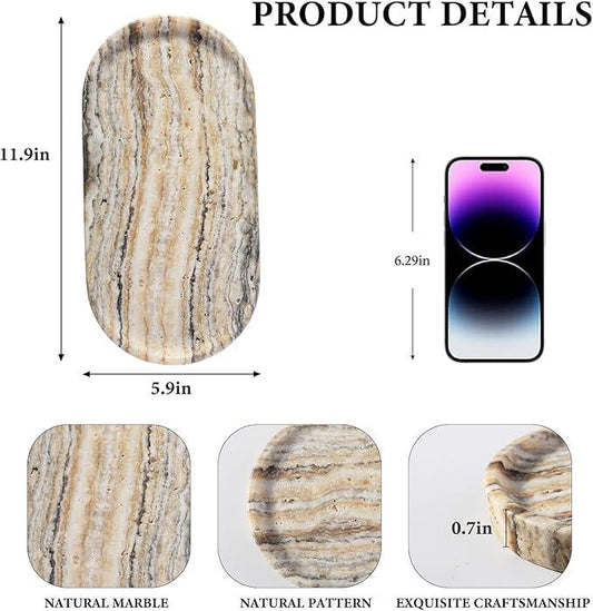 Koville Natural Marble Bathroom Tray for Decor Countertop, Marble Vanity Tray for Candles Perfume, Jewelry, Cosmetics, Stone Decorative Trays for Dresser Organizer(White Traonyx) - ModernBath