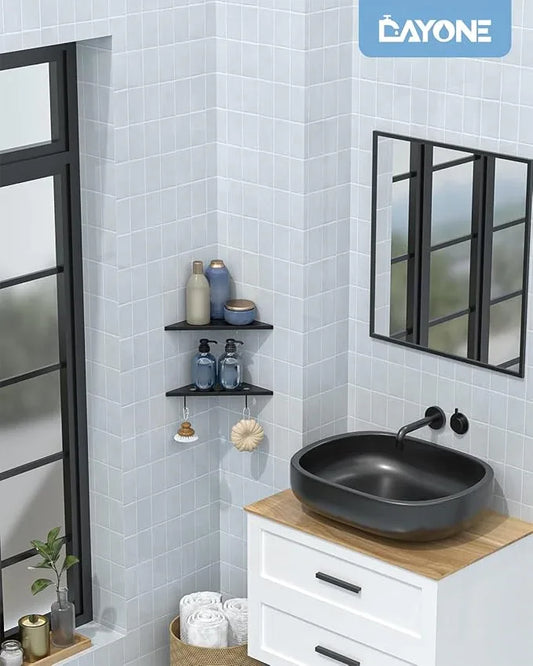 DAYONE Matte Black Corner Shower Shelf 2 Pack 10", Bathroom Corner Shower Organizer Shelf for Tiled Wall, SUS304 Stainless Steel Slot Design Recessed Organizer Shelves with 2 Hooks and 4 Holes - ModernBath