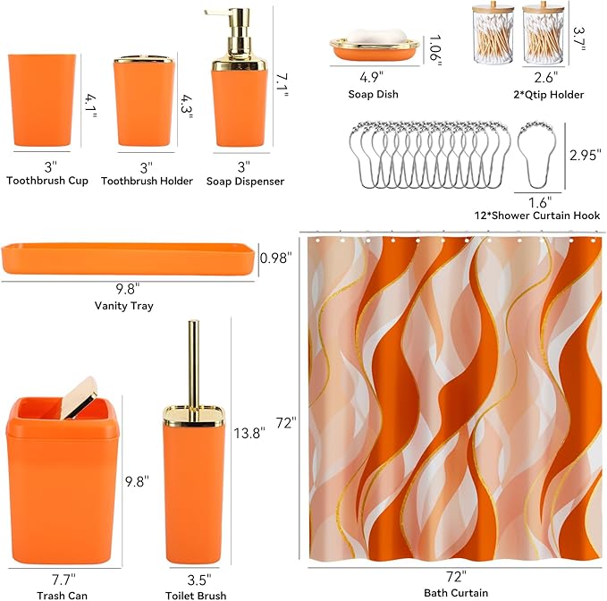XLHOMO Orange Bathroom Accessories, Bathroom Sets with Stripe Shower Curtain, Orange and Gold Bathroom Accessories Set with Trash Can, Soap Dispenser, Soap Dish, Qtip Holders for Bathroom