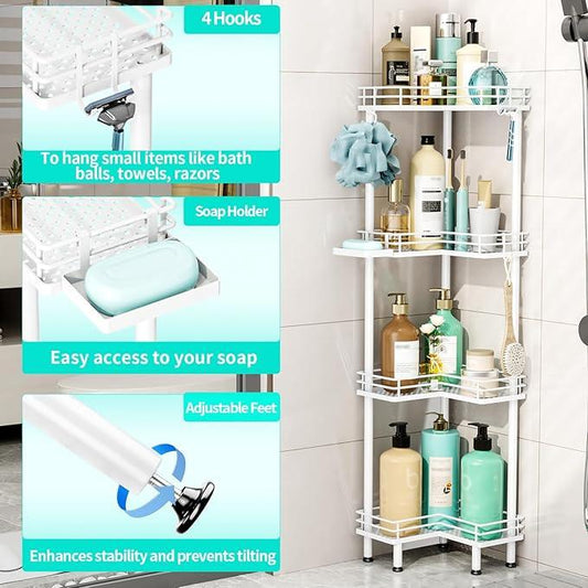 HapiRm Corner Shower Caddy Organizer - 4 Tier Shower Shelf Corner with Soap Holder, Rustproof Bathroom Standing Organizer with 4 Hooks, White - ModernBath