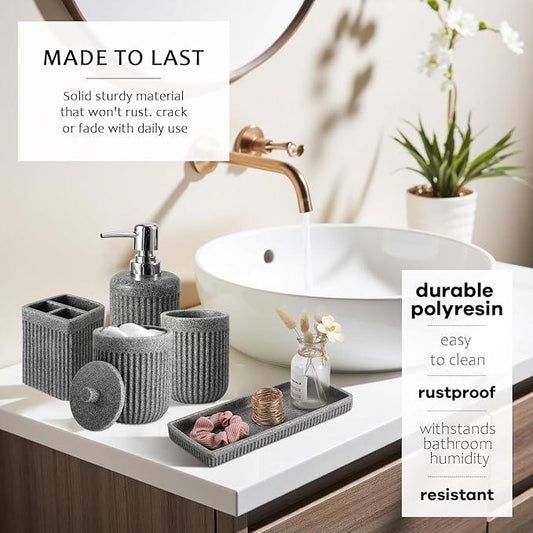 XLHOMO 8-Piece Grey Bathroom Set - Resin Bathroom Accessories Sets Complete with Shower Curtain and Rugs, Soap Dispenser, Toothbrush Holder, Tumbler & Apothecary Jars - ModernBath