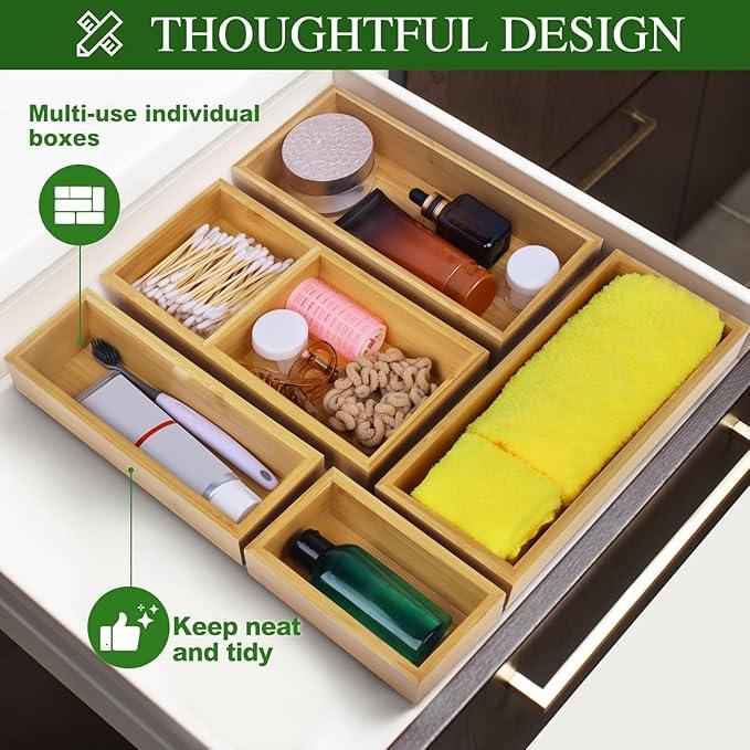 Bamboo Drawer Organizer Set, 5 PCS Multi-Use Individual Wood Storage Organizers, Junk Drawer Divider and Storage Trays Containers for Kitchen, Bathroom, Office Desk, Makeup, Jewelry, Utensils - ModernBath