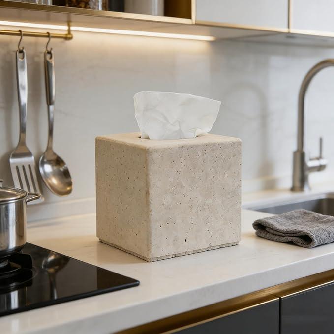 Travertine Tissue Box Cover, Heavy Duty Nature Stone Tissue Box Holder, Decorative Luxurious Travertine Square Toilet Tissue Box for Bathroom, Bedroom, Living Room, Office - ModernBath