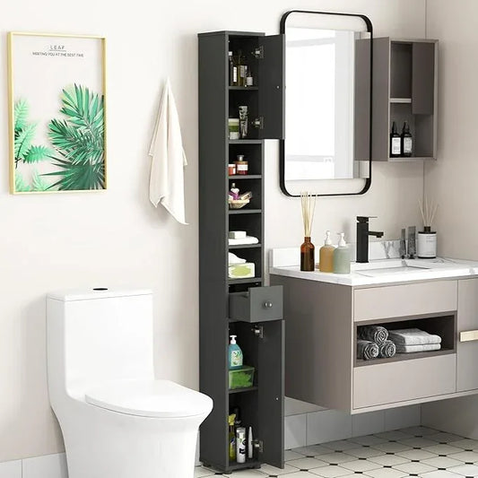 Tangkula Tall Slim Bathroom Storage Cabinet, 71" Freestanding Bathroom Cabinet w/ 2 Doors, 1 Drawer & 5 Adjustable Shelves, Floor Narrow Tower Cabinet for Small Spaces, 8" x 8" x 71" (Grey) - ModernBath