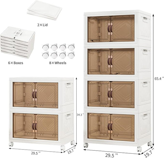 Storage Bins with 2 Lids and Wheels, 990QT-165QT*6Tier Collapsible Bathroom Storage Cabinet with Clear Doors, Plastic Stackable Closet Organizers and Containers White