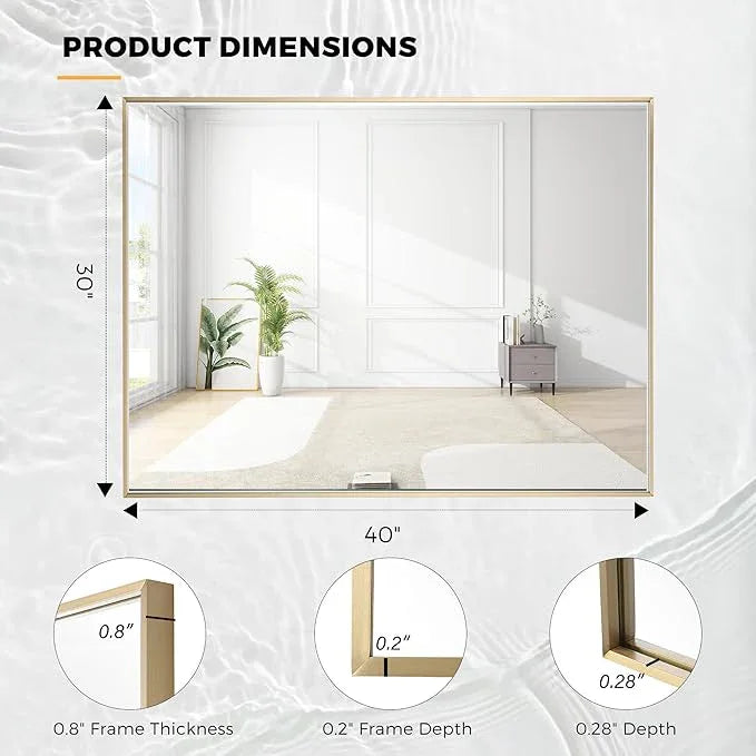 Bonverre 30x40 Inch Brass Bathroom Mirror for Wall, Aluminum Frame Rectangle Rectangular Vanity Mirror, Modern Large for Bedroom, Living Room, Horizontal or Vertical - ModernBath