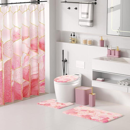 XLHOMO Bathroom Set - 26PC Bathroom Set with Shower Curtain and Rugs, Bathroom Accessory Set, Pink Bathroom Accessories Set, Trash Can & Soap Dispenser - ModernBath