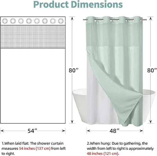 eachope MintGreen No Hook Waffle Weave Shower Curtain with snap-in Liner Replacement, 230GSM Waterproof Fabric Hotel Shower Curtain Set for Bathroom, Through Mesh Top Window,54Wx80H - ModernBath