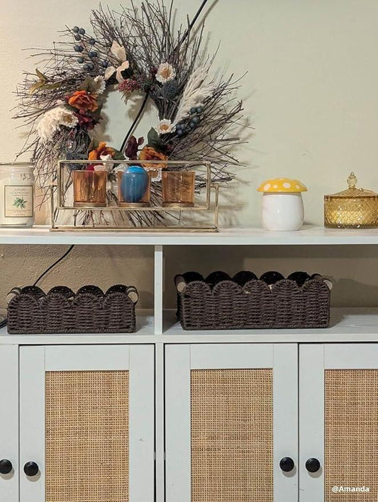 CubesLand Paper Rope Scalloped Edge Shelves Baskets Set 2, Idea for Over Toilet Storage Shelf, End Table, Nightstand, Toilet Tank Basket with 2 Wood Handle, Stylist&Useful Both Storage&Decor, Brown - ModernBath