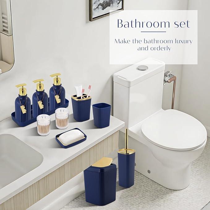 WSBArt 17PCS Bathroom Accessory Set Bathroom Set Navy Blue Bathroom Accessories,Toilet Brush, Trash Can, Qtip Holder Dispenser& 3PCS Soap Dispenser - ModernBath