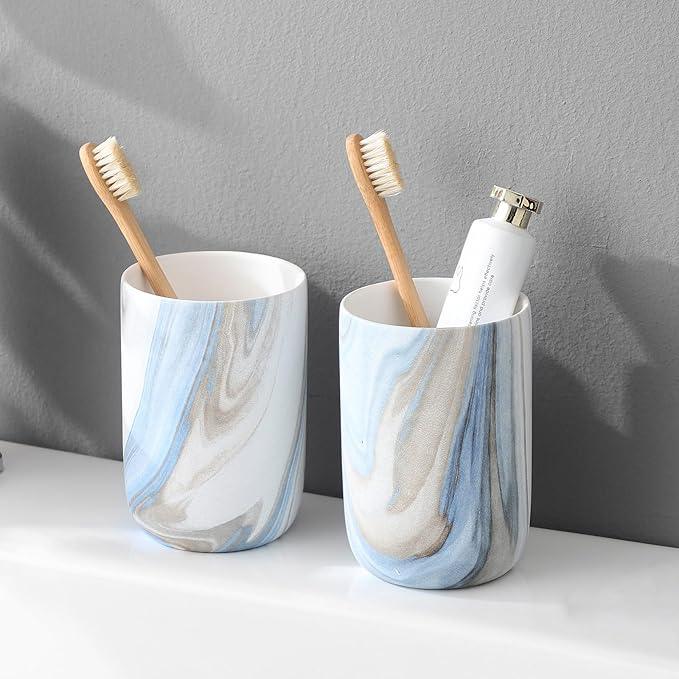 Blue Marble Toothbrush Holders - 2 Ceramic Toothbrush Holders for Bathrooms Toothbrush Toothpaste Holders Set, Bathroom Tumbler Cups Reusable Toothbrush Mouthwash Cup, Bathroom Counter Organizer. - ModernBath