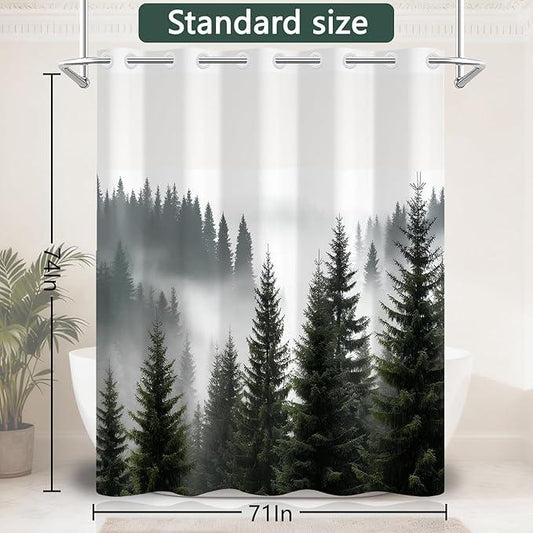 NAEMBCU No Hook Landscape Shower Curtain with Snap-in Liner, Green Misty Forest Bath Curtain with See Through Top, Waterproof Double Layer for Bathroom Decor, 71 x 74 Inch - ModernBath