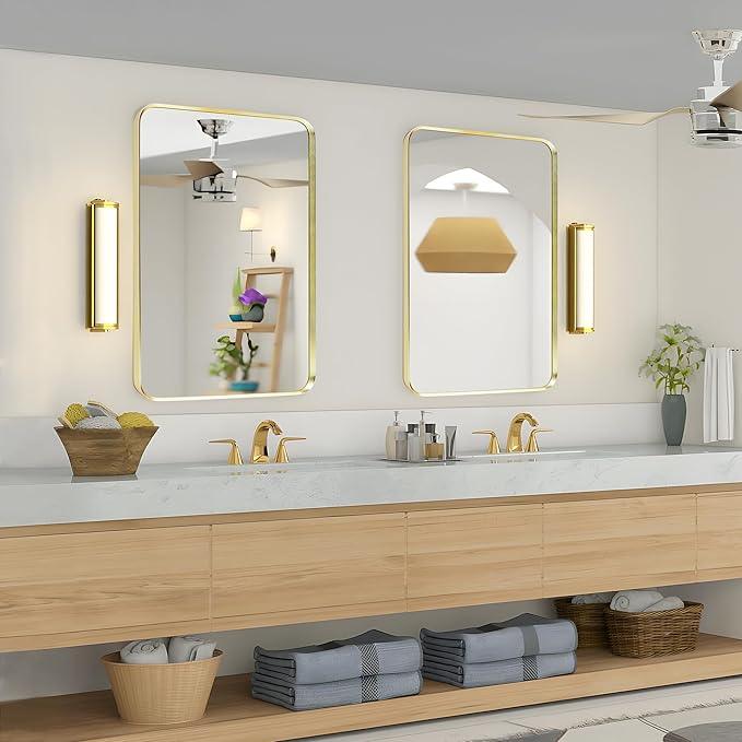 Minuover Wall Mount Mirror for Bathroom, Brushed Gold Metal Framed Rounded Corner Rectangular Vanity Mirror, Tempered Glass, Anti-Rust, Hangs Horizontally or Vertically (30" x 40", Gold) - ModernBath