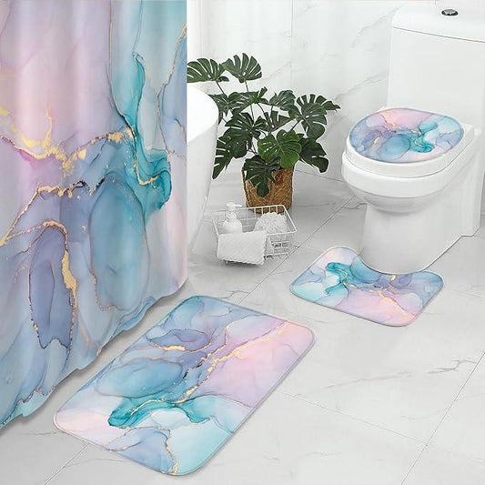 Gibelle 4 Pcs Bathroom Shower Curtain Set with Non-Slip Rugs, Toilet Lid Cover and Bath Mat, Blue Pink Marble Bathroom Decor Set with Shower Curtain and Rugs and Accessories - ModernBath