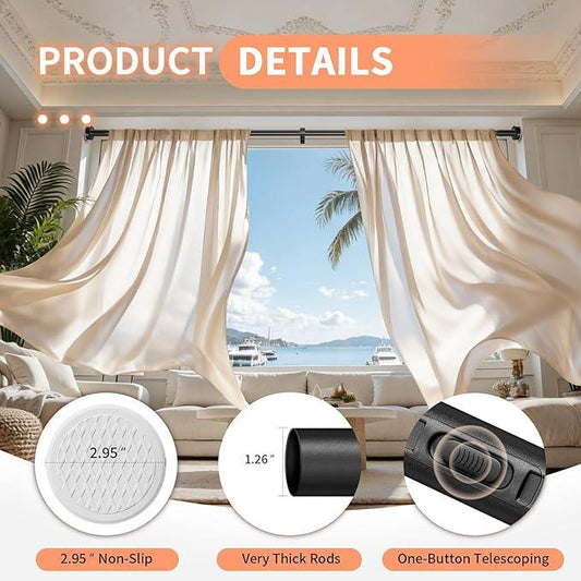 Treije Tension Curtain Rod 39-122 Inch, Outdoor Extra Long Tension Rod No Drilling for Window or Bathroom Patio, Adjustable Heavy Duty Shower Curtain Rod, Easy to Install, Never Rust, Non-Slip-Black - ModernBath