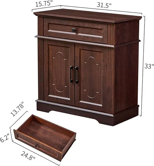 Farmhouse Storage Cabinet with 2 Doors and 1 Drawer, Adjustable Shelf, Freestanding Kitchen Pantry Cabinet, Modern Buffet Sideboard Coffee Bar Cabinet Living Room Bathroom Dining Room Cherry - ModernBath