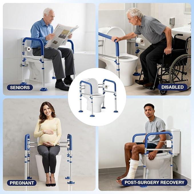 Loyoda Foldable Toilet Safety Rails for Seniors - Adjustable Toilet Safety Frame & Toilet Handles for Elderly & Disabled, Fits Most Toilets, 350lb Capacity, Blue - ModernBath