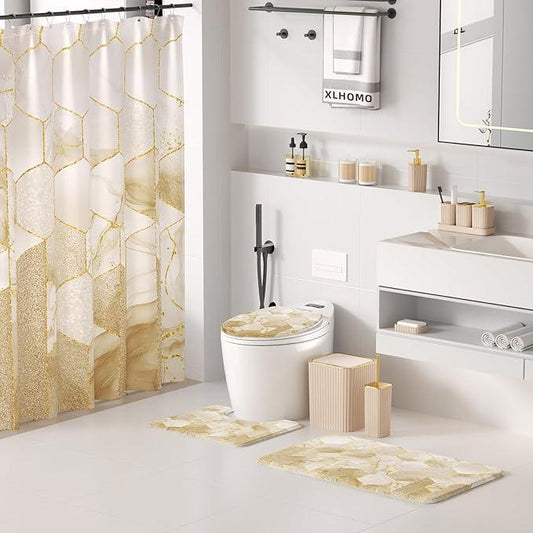 XLHOMO Bathroom Set - 26PC Bathroom Set with Shower Curtain and Rugs, Bathroom Accessory Set, Beige Bathroom Accessories Set, Trash Can & Soap Dispenser - ModernBath
