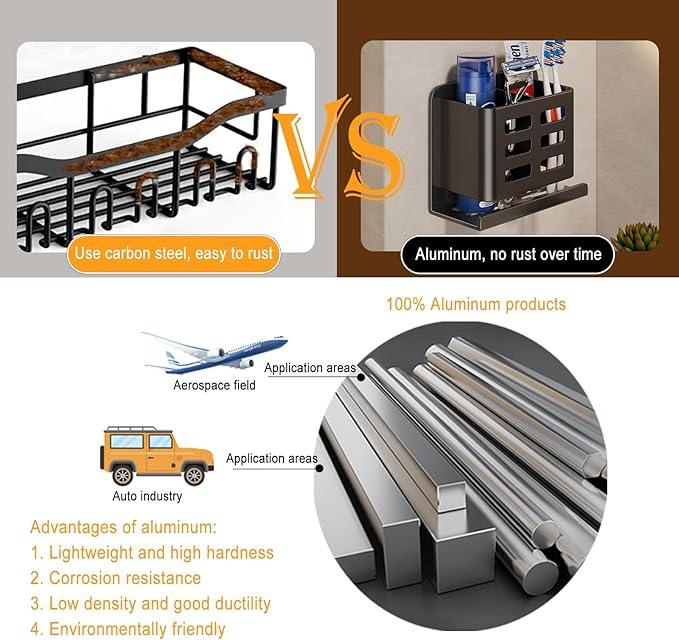YESENT Black Wall-Mounted Toothbrush Holder, Aluminum Material Shower Shaver Storage Rack, No Drilling Required, Removable Toothpaste Storage Rack - ModernBath
