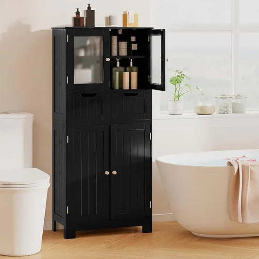 Tangkula Bathroom Storage Cabinet, Floor Cabinet w/2 Double Doors Cabinet, 3-Position Adjustable Shelves, Glass Doors Storage Organizer for Bathroom Living Room Kitchen (Cabinets & Drawers, Black) - ModernBath