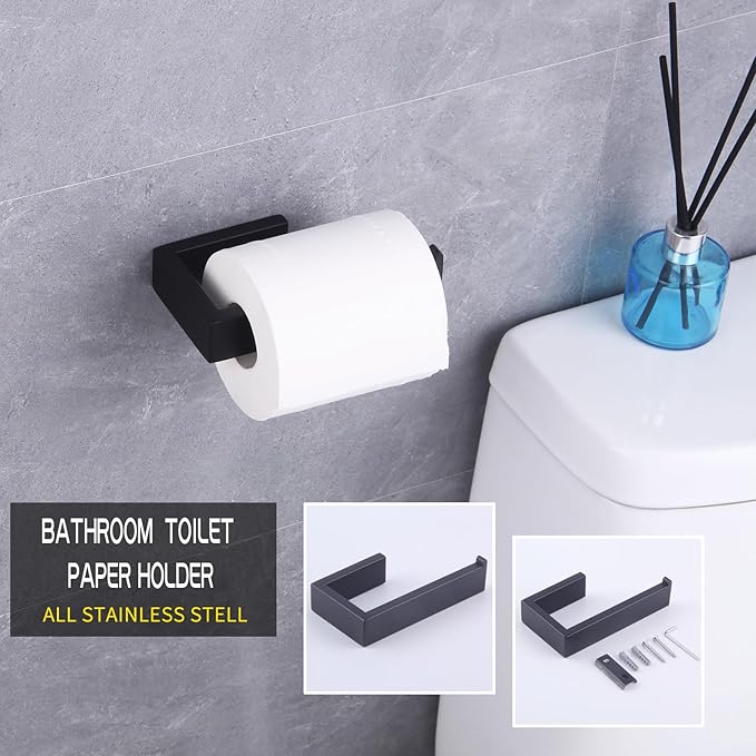 GERZWY Bathroom Accessory 3-Piece Set SUS 304 Stainless Steel Toilet Paper Holder Towel Ring Towel Hooks Wall Mount, Matte Black HG1708-3BK