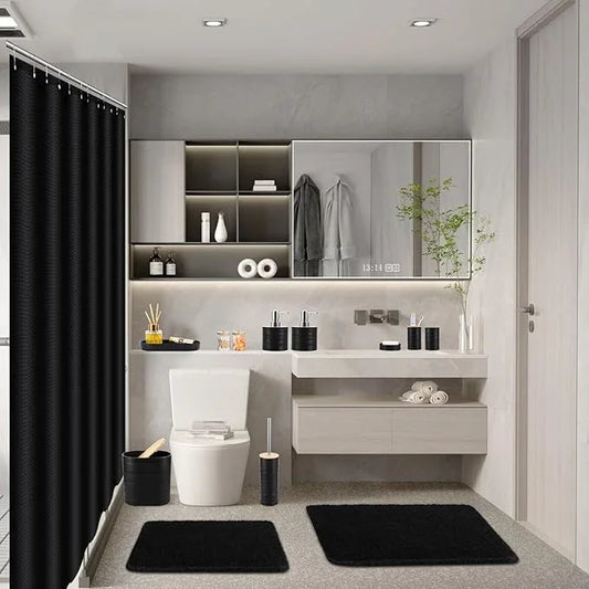 XLHOMO Bathroom Set - Black Bathroom Accessories Set, Bathroom Sets with Shower Curtain and Rugs, 25PC Shower Curtain Set with Hooks, Soap Dispenser, Soap Dish, Toilet Brush Holder and Trash Can - ModernBath