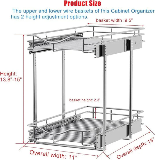 DINDON 2 Tier Pull Out Cabinet Organizer (11" W x 18" D) Heavy-Duty Metal Sliding Drawer Shelf, Two Tier Pull Out Shelves for Kitchen Cabinets, Pantry, Bathroom, Chrome Finish - ModernBath