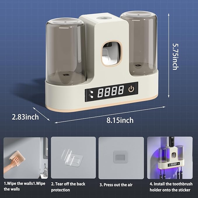 POPZJXDM Electric Toothbrush Holders for Bathrooms, Dustproof Smart Toothbrush Holder Wall Mounted - 4 Brush/2 Cups, Auto Toothpaste Dispenser, Hot Air Drying & LCD Display,Toothbrush Cleaner (White)