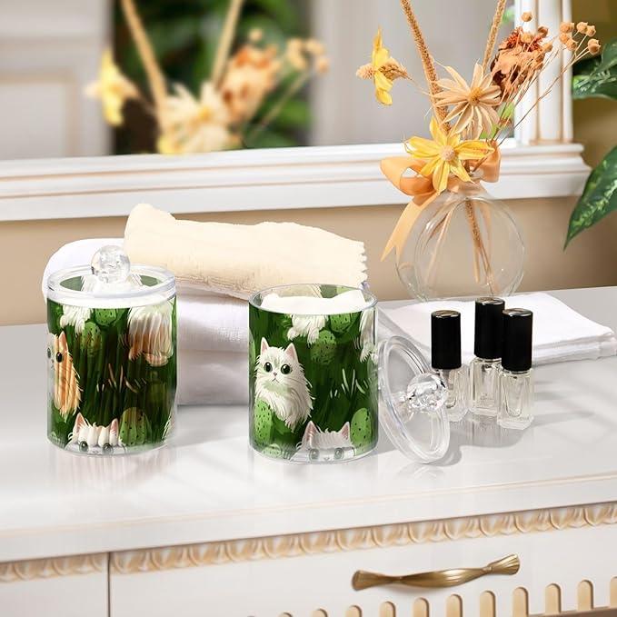 Tatenale Qtip Holder Bathroom Set Q tip Cotton Ball Swab Pad Dispenser Container Organizer Plastic Jars with Lids Storage 2Pack Green Cat and Cactus - ModernBath