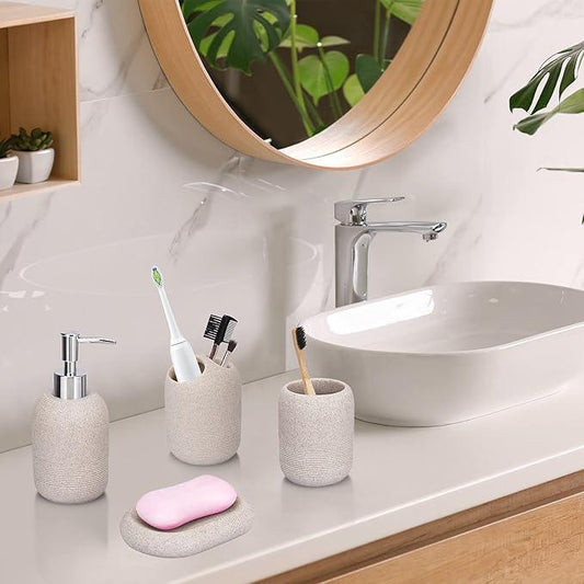 L'ARL GMVOI Bathroom Accessory Set,4 Piece Bathroom Decor Accessories Sets with Lotion Soap Dispenser,Toothbrush Holder,Bathroom Tumbler,Soap Dish for Bathroom Vanity Countertop Accessories,Beige - ModernBath