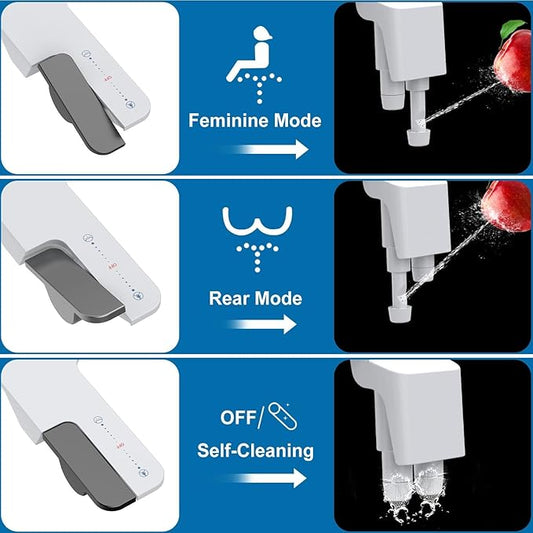Bidet Attachment for Toilet, Non-Electric Bidet Self-Cleaning Dual Nozzle (Feminine/Rear Wash), Cold Water Bidets Sprayer for Existing Toilets Cover with Adjustable Pressure, Easy to Install, Grey