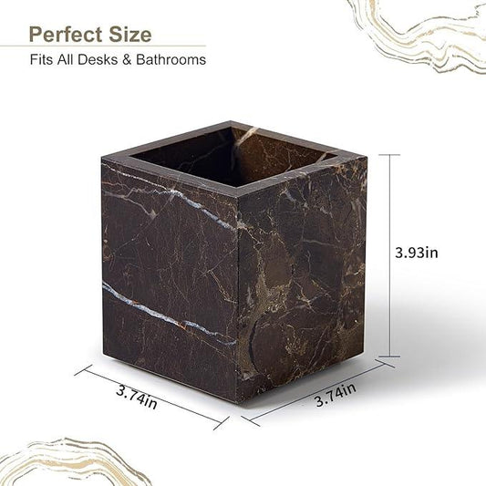 Real Natural Travertine Marble Toothbrush Holder & Pen Holder & Makeup Brush Holder & Utensil Holder, Genuine Stone Rectangular Bathroom Tumbler Cup, Durable Office & Home Countertop Organizer - ModernBath