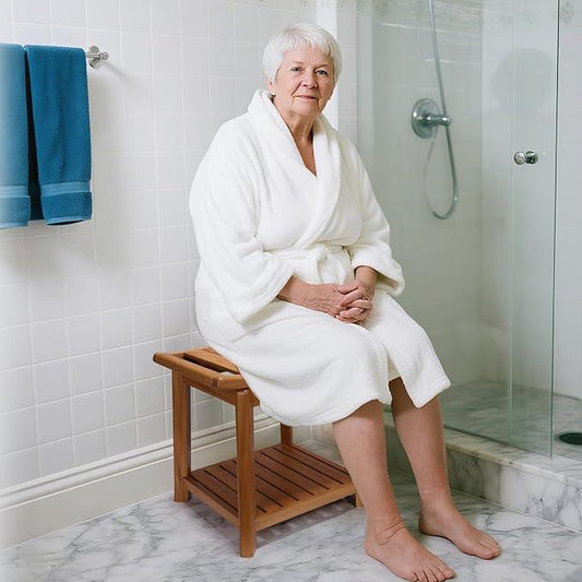 17" Teak Shower Chair with Storage Shelf & Handle, Non-Slip Waterproof Wooden Shower Bench, Stable Bathroom Seat and Heavy Duty Shower Stool for Tub or Indoor Use, Ideal for Elderly, Recovery - ModernBath