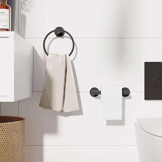 Matte Black Toilet Paper Holder & Towel Ring SUS304 Stainless Steel 2pc Bathroom Hardware Set with Double Post Pivoting Toilet Paper Roll Holder Wall Mount & Bathroom Towel Holder Set - ModernBath