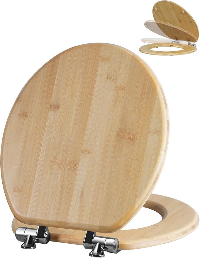 Angol Shiold ROUND Bamboo Wood Toilet Seat Soft Close Zinc Alloy Strong Hinges, Light, Easy to Install & Clean, Up to 400 lbs (Elongated 16.5", Natural Bamboo) - ModernBath