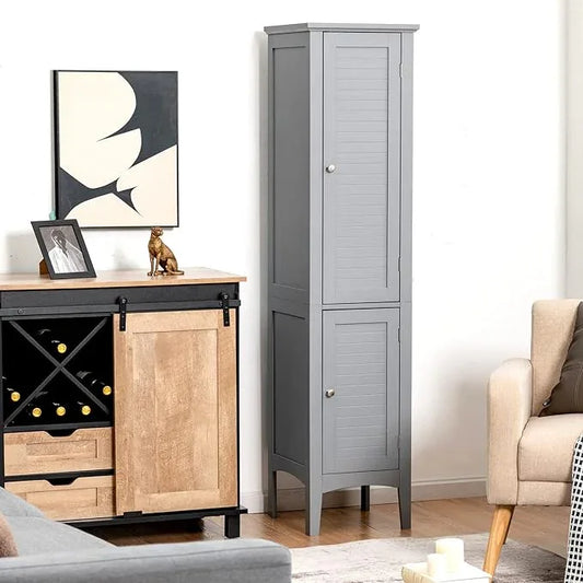 Tangkula Tall Bathroom Storage Cabinet, 5-Tier Wooden Freestanding Tower Cabinet Floor Organizer, Narrow Storage Floor Cabinet w/2 Doors & Shelves for Bathroom Living Room Kitchen (Grey) - ModernBath
