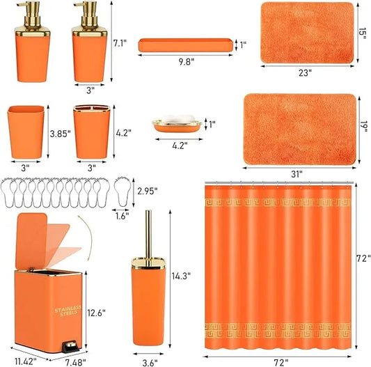XLHOMO 11PCS Bathroom Sets with Shower Curtain and Rugs Bathroom Accessories Set Orange Bathroom Set,Soap Dispenser & Toilet Brush Holder Set with Stainless Steel Trash Can - ModernBath