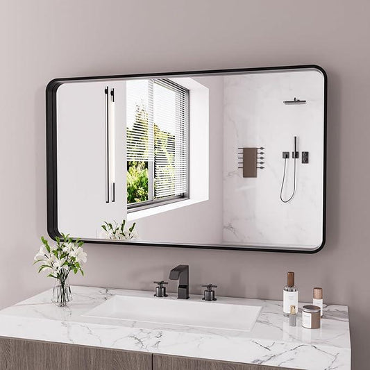 JISOSO Black Bathroom Mirror 50X30 Inch, Black Metal Framed Mirror for Wall, Rounded Rectangle Matte Bathroom Vanity Mirror with Tempered Glass, Anti-Rust, Horizontal/Vertical - ModernBath