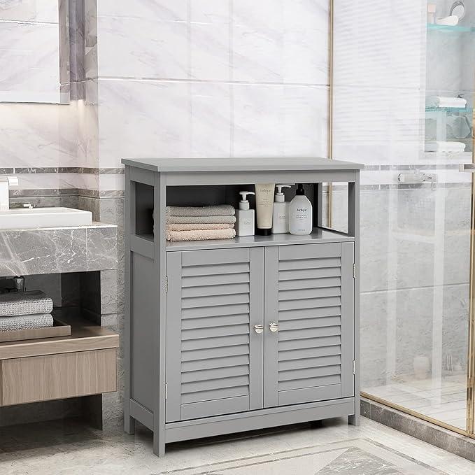 LDAILY Freestanding Organizer Cabinet with Double Shutter Doors, Adjustable Shelf, Wooden Floor Cabinet for Bathroom & Kitchen, Grey - ModernBath