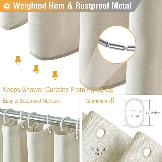 BTTN Stall Fabric Shower Curtain - 48x72 Inch Narrow Linen Textured Heavy Duty Shower Curtain Set with 8 Plastic Hooks, Hotel Spa Luxury Small Waterproof Neutral Bath Curtain for Bathroom, Light Cream - ModernBath