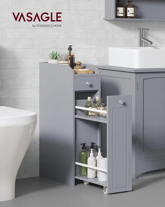 VASAGLE Slim Storage Cabinet, Narrow Storage Organizer with Slide Out Drawers, Freestanding Toilet Paper Holder, Small Space Skinny Cabinet for Bathroom Kitchen Corner, Dove Gray UBBC847G02 - ModernBath