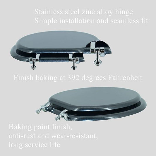 BLOFDE Round Toilet Seat Wood Toilet Seat Prevent Shifting with Zinc Alloy Hinges American Standard Size Toilet Seat Easy to Install also Easy to Clean(Round,Sparkling Black) - ModernBath