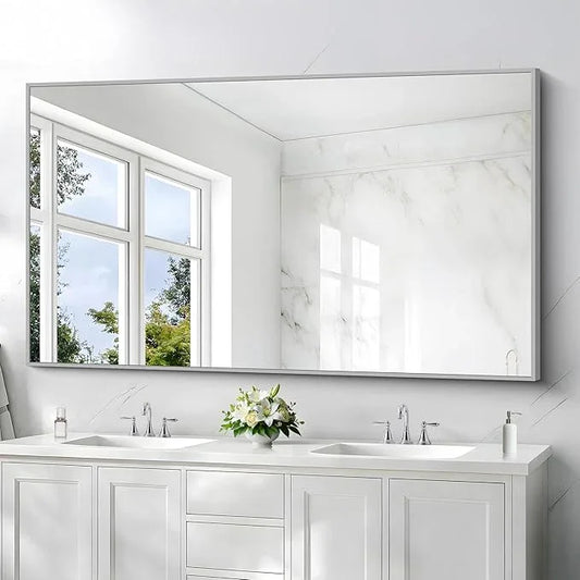 COFENY 36x60inch Brushed Nickel Bathroom Mirror, Silver Rectangle Mirror with Frame, Large Rectangular Wall Mirrors for Bathroom, Living Roomm, Hair Salon, Big Mirror Hang Horizontal/Vertical - ModernBath
